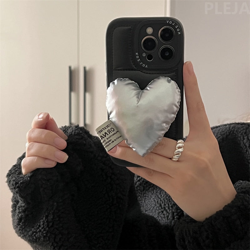 Black Down Jacket Phone Case with 3D Love Heart Accessory