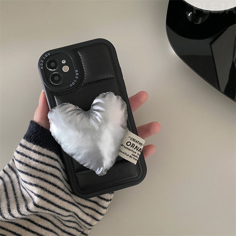 Black Down Jacket Phone Case with 3D Love Heart Accessory